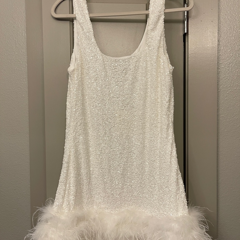 White Sequin Feather Trim Mini Dress - Picture 2 of 4